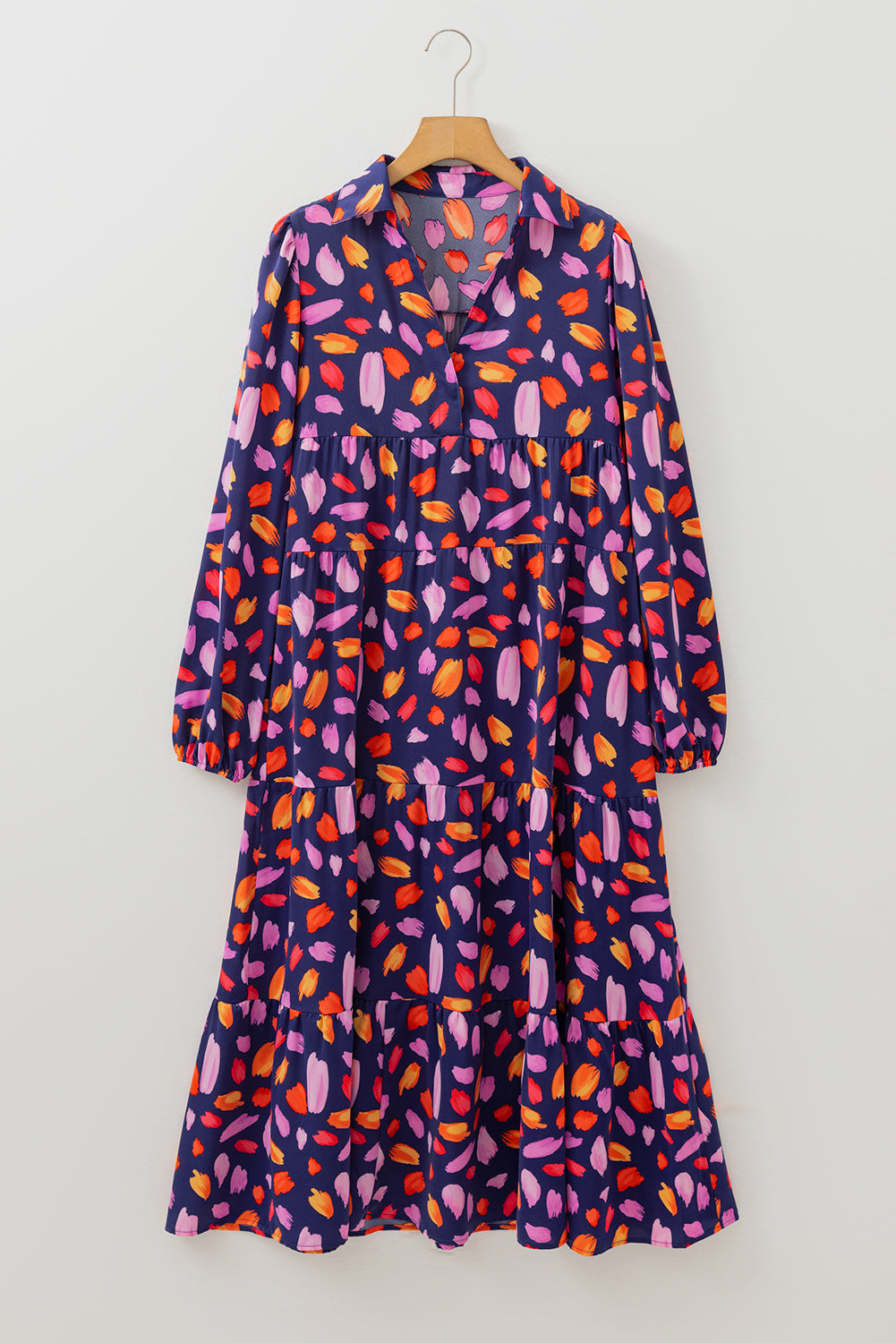 Purple Floral Print Collared Tiered Flowy Long Dress