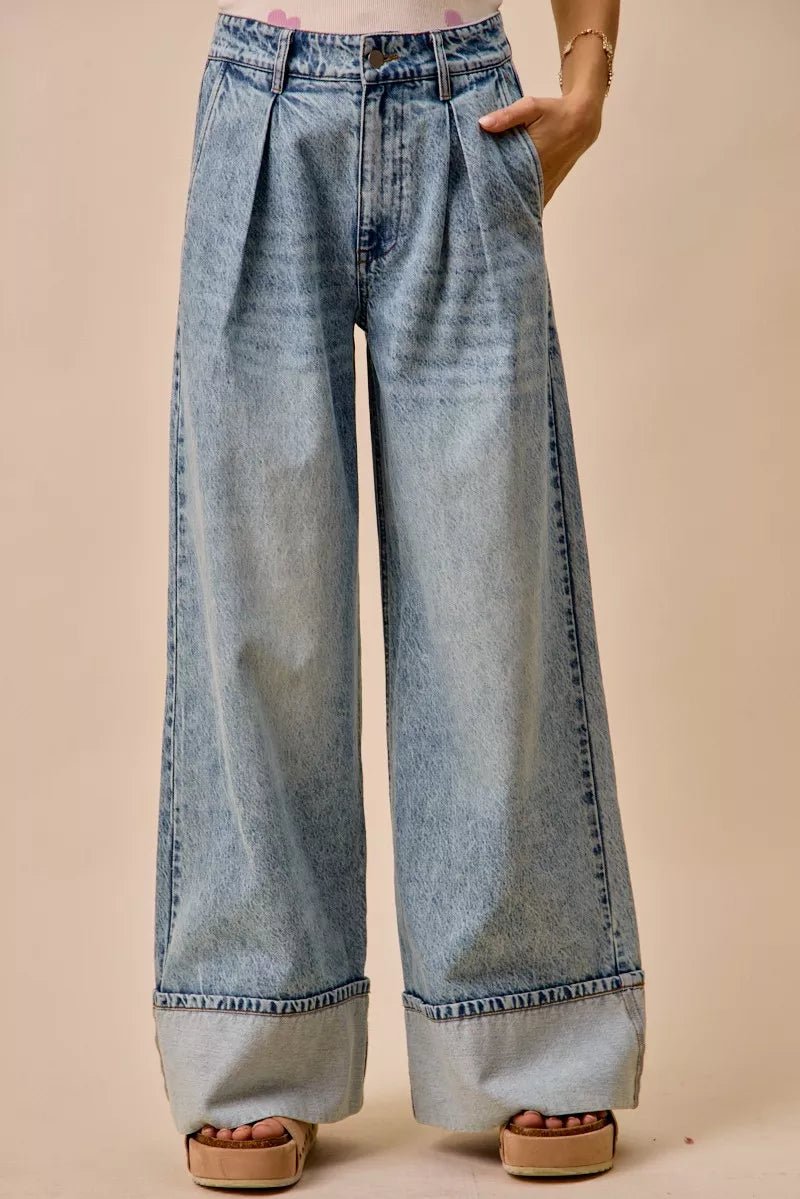 SO ME Mid Rise Plated Wid Leg Denim Jean - DENIM / S