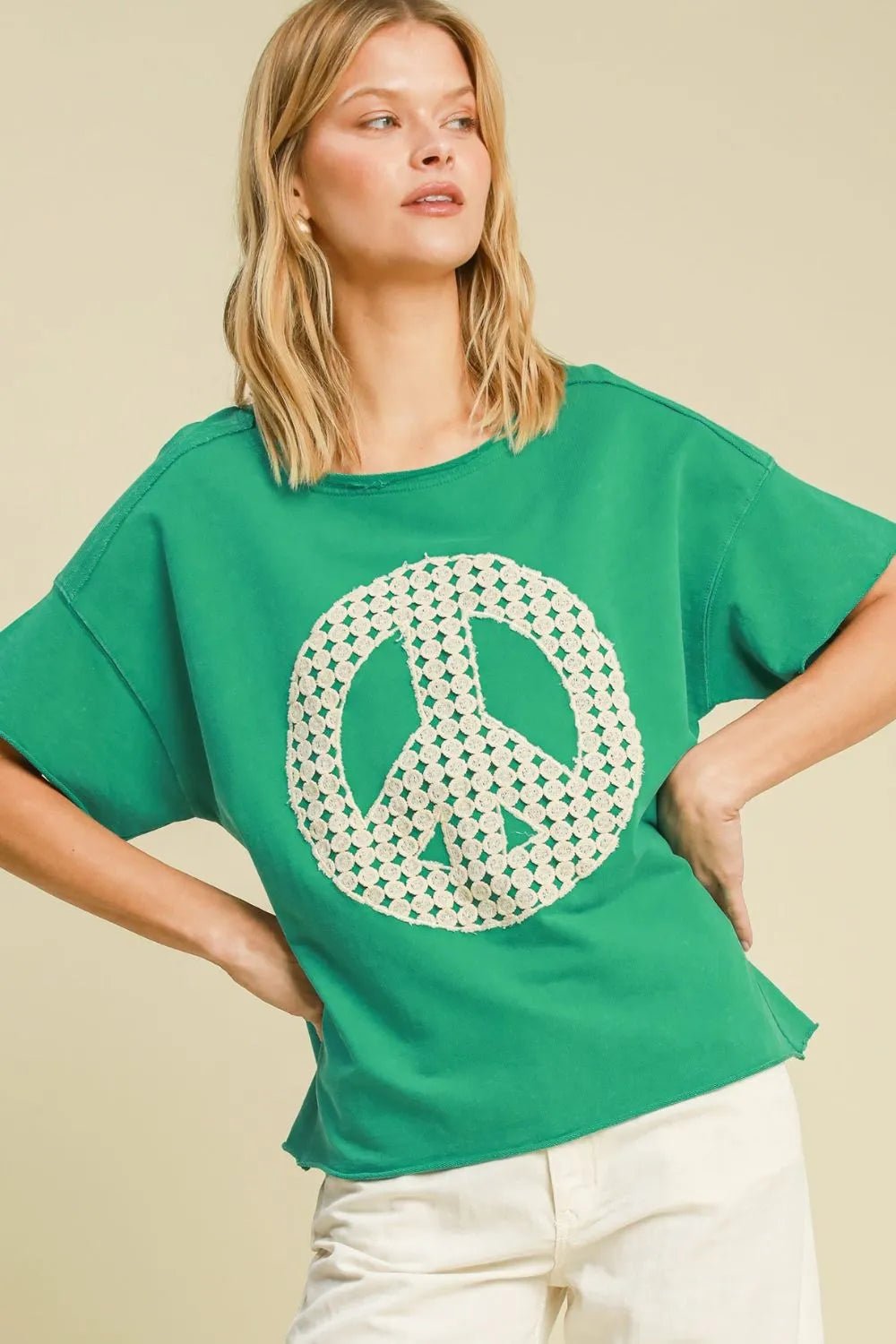 Umgee Full Size Mineral Wash T-Shirt with Lace Applique Plus Size - Green / S