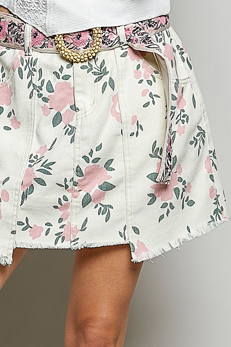 POL Raw Hem Floral Skirt with Pockets - IVORY/PINK MULTI / S