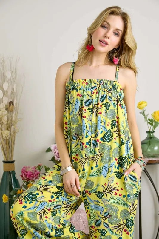 ADORA Elastic Detail Tropical Jumpsuit - YELLOW / S