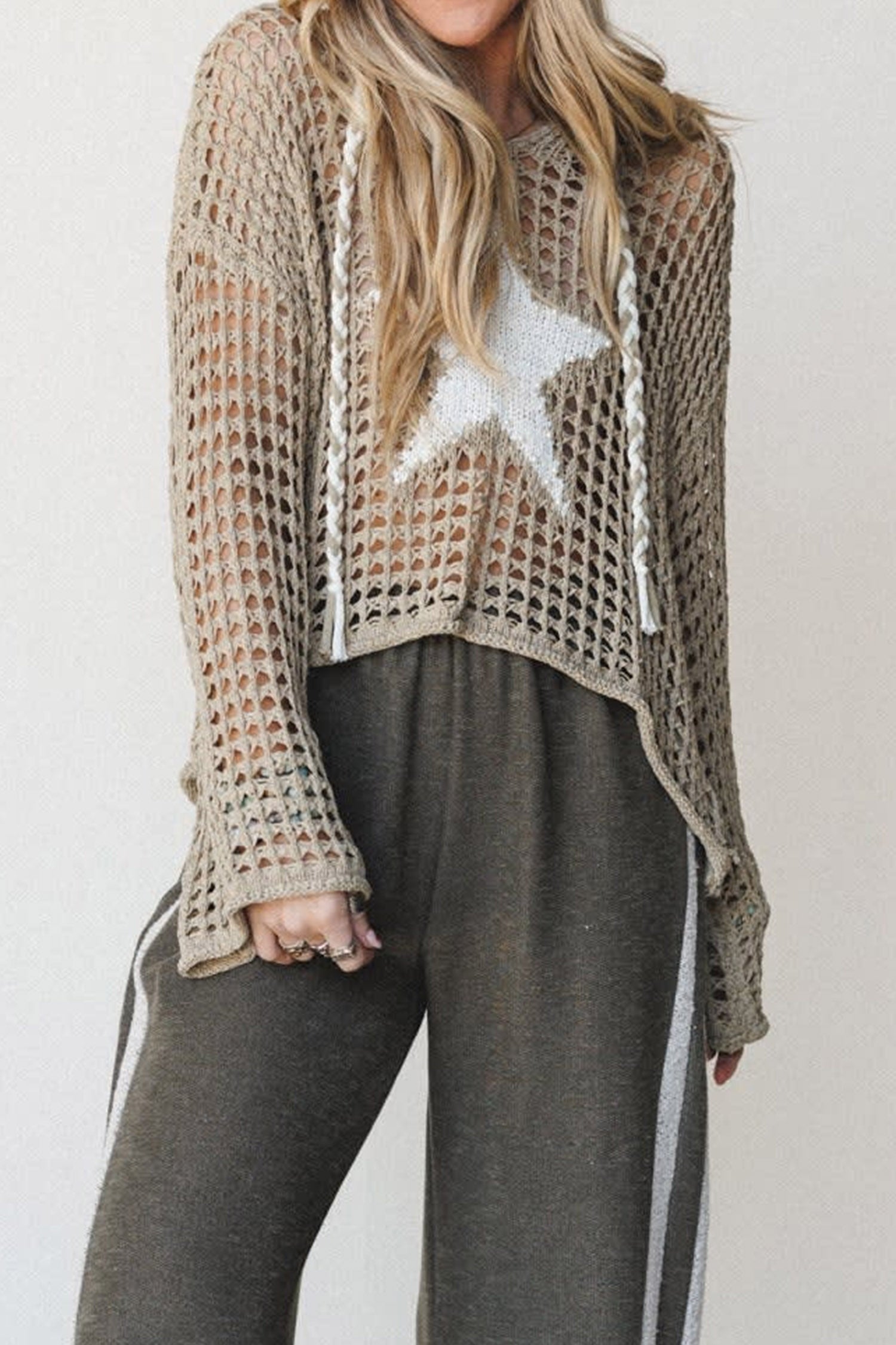 Sage Green Star Pattern Hollow Out Knit Contrast Drawstring Hooded Sweater