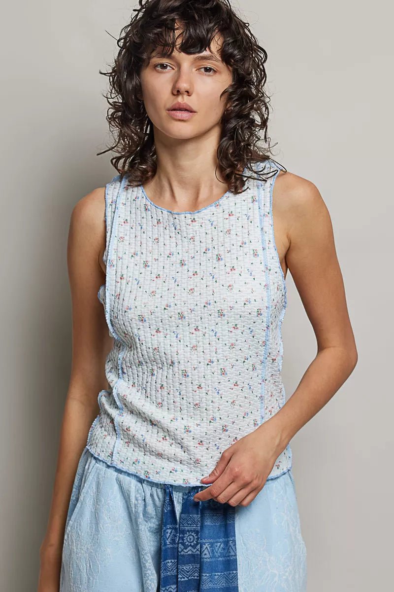 POL Seam detail Floral Round Neck Ribbed Tank - BLUE / S