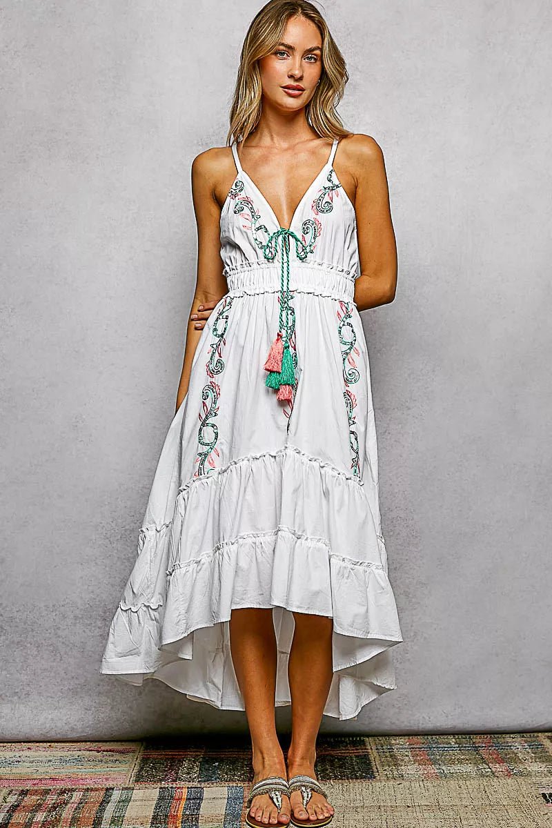 POL Embroidered Detail Tassel Tie Smocked Waist Midi Tiered Cami Dress - IVORY / S
