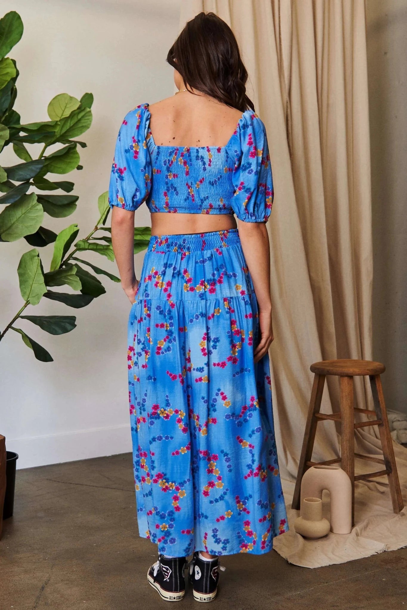 Davi & Dani Printed Smocking Waistband Ruffled Maxi Skirt - OCEAN BLUE / S