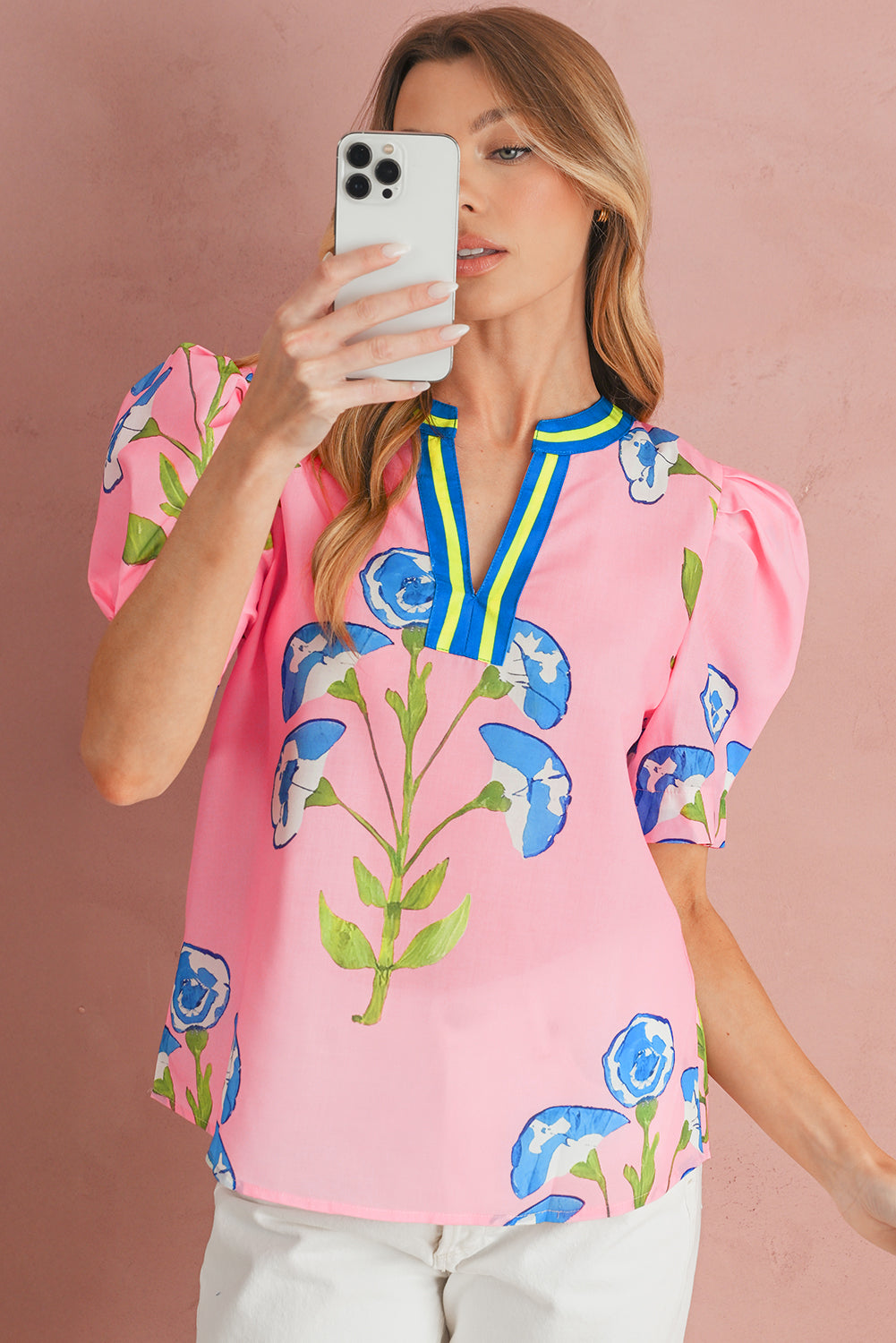 Pink Puff Sleeve Floral Pop of Color Neckline Blouse