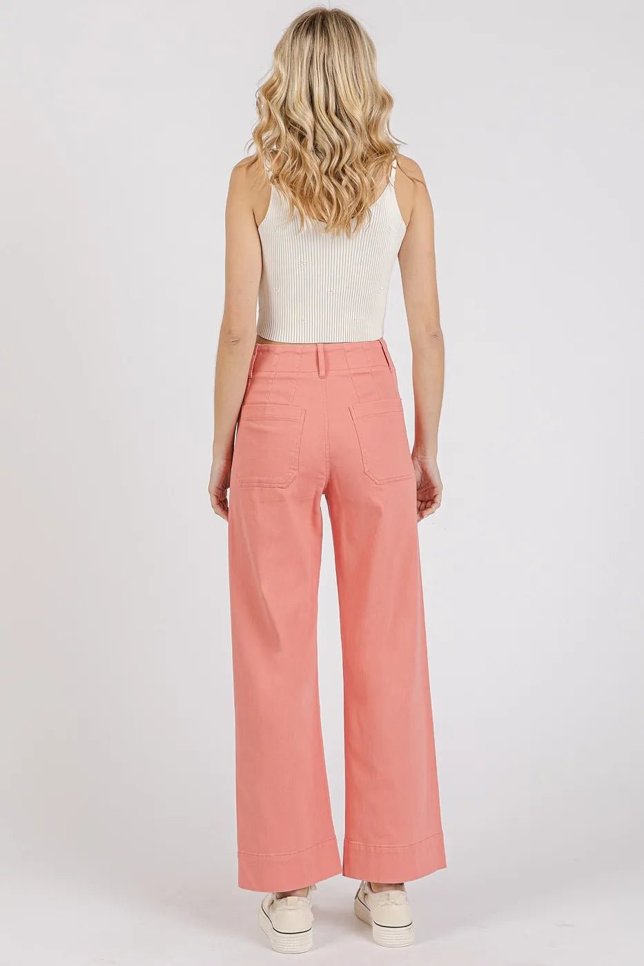 Mittoshop Twill Patch Pocket High Rise Wide Leg Pants - CORAL PINK / S