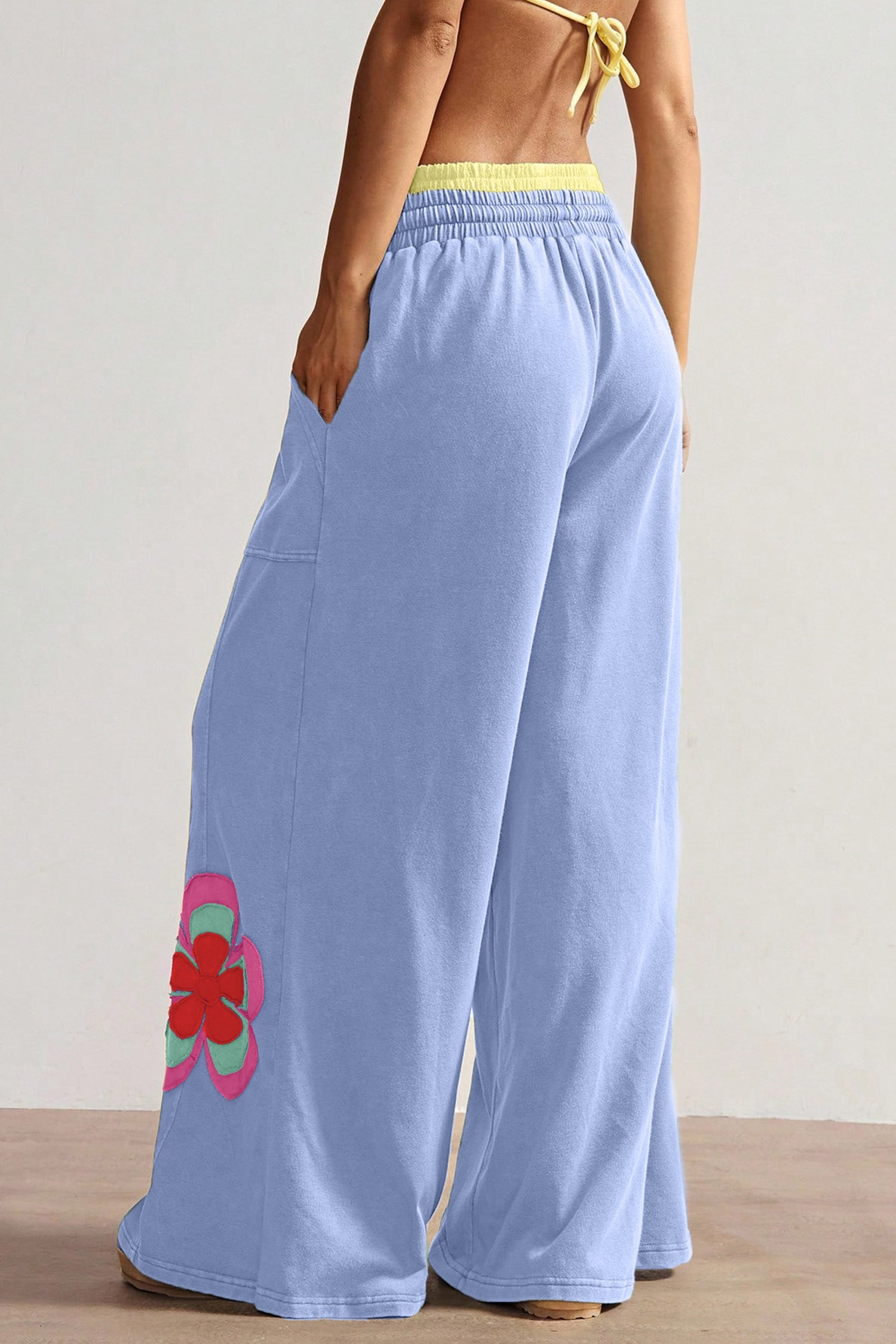 Grapefruit Orange Color Block Flower Patchwork Drawstring Contrasted Elastic Waist Wide Leg Pants