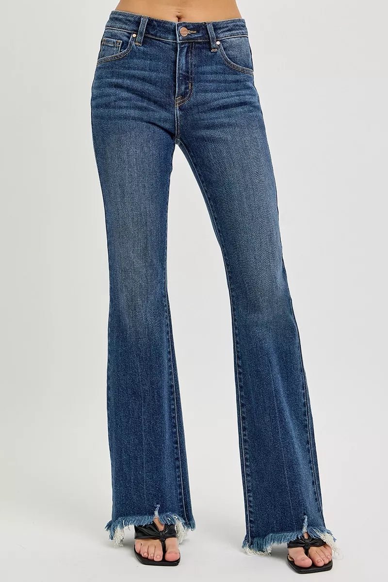 RISEN Full Size Mid Rise Flare Frayed Hem Jeans Plus Size - DARK / 0