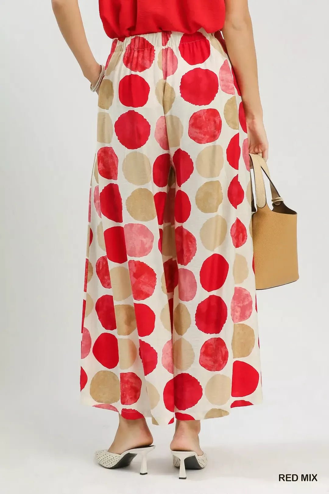 Umgee Dot Print Wide Leg Pants - RED MIX / S