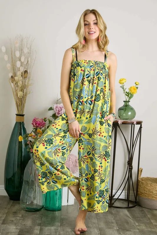 ADORA Elastic Detail Tropical Jumpsuit - YELLOW / S