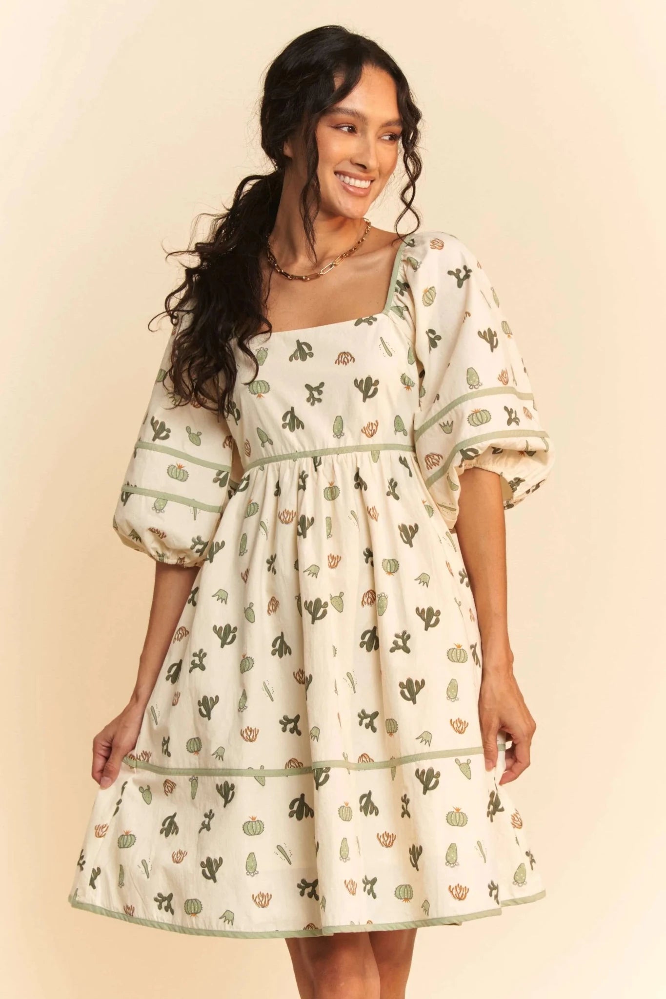 Davi & Dani Cactus Printed Poplin Contrast Piping Mini Dress - CREAM/GREEN / S