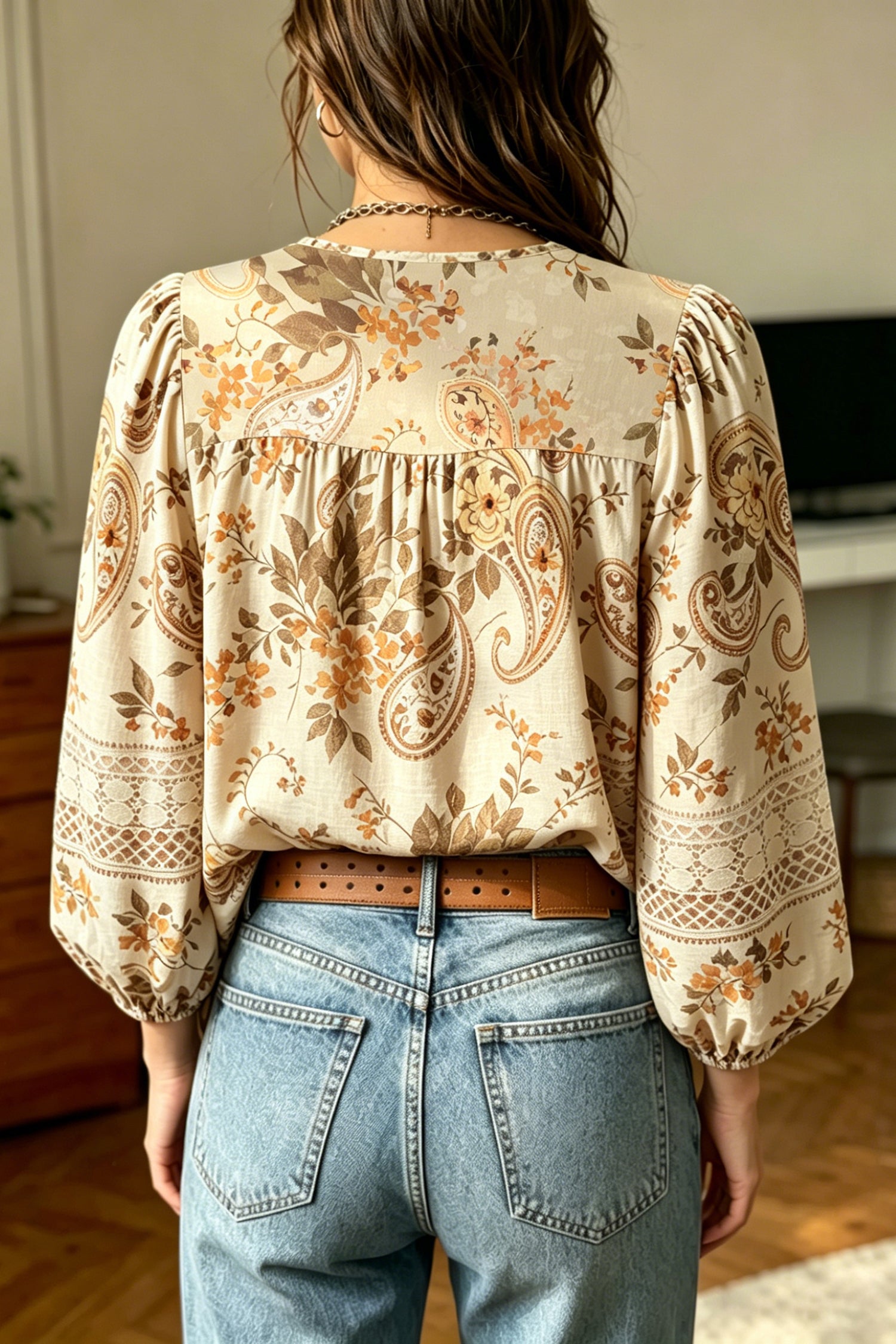 Khaki Paisley Print V-Neck Long Sleeve Shift Blouse Casual Daily Wear