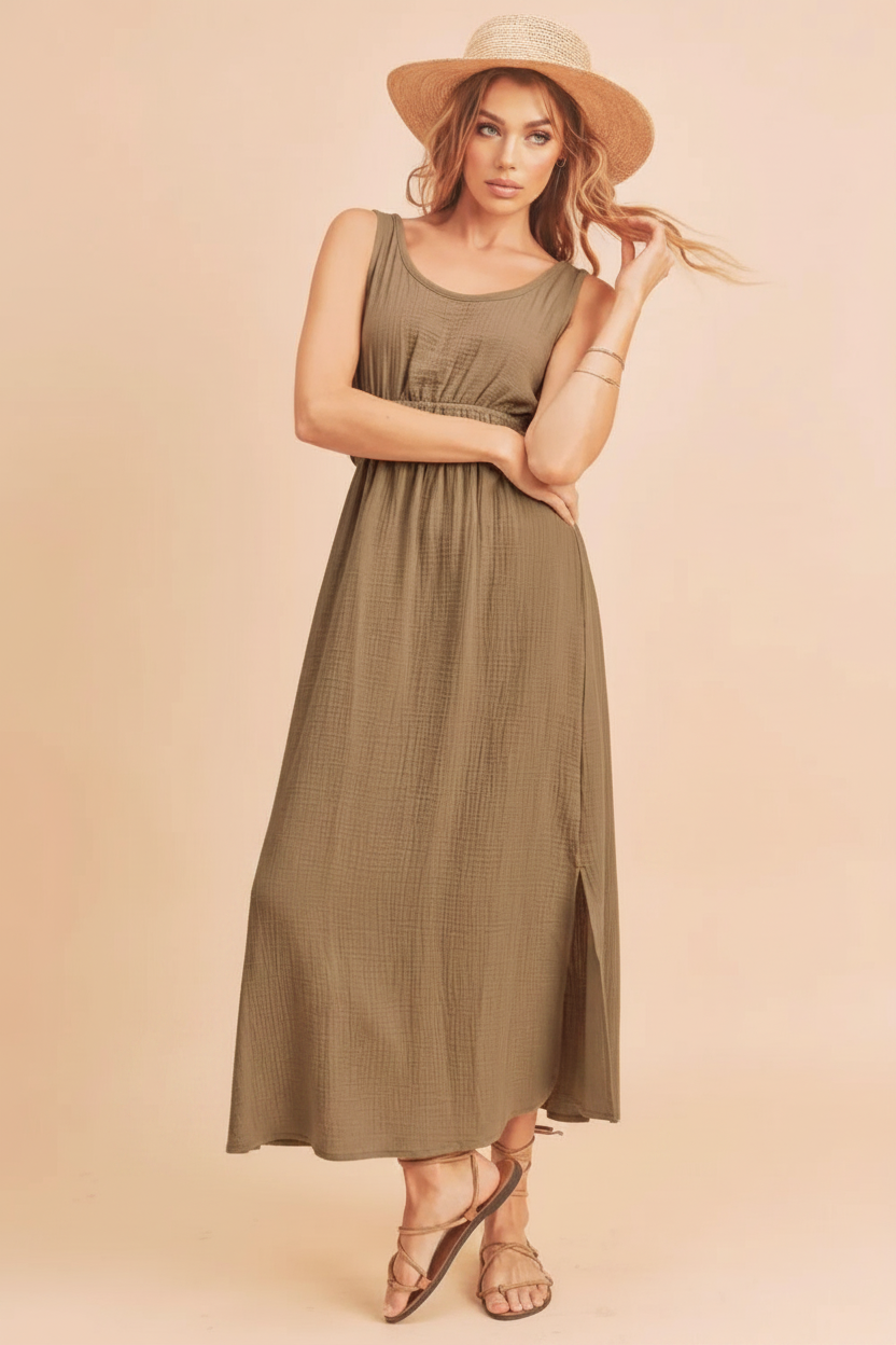 Aemi + Co Side Slit Round Neck Sleeveless Tank Dress - Taupe / S