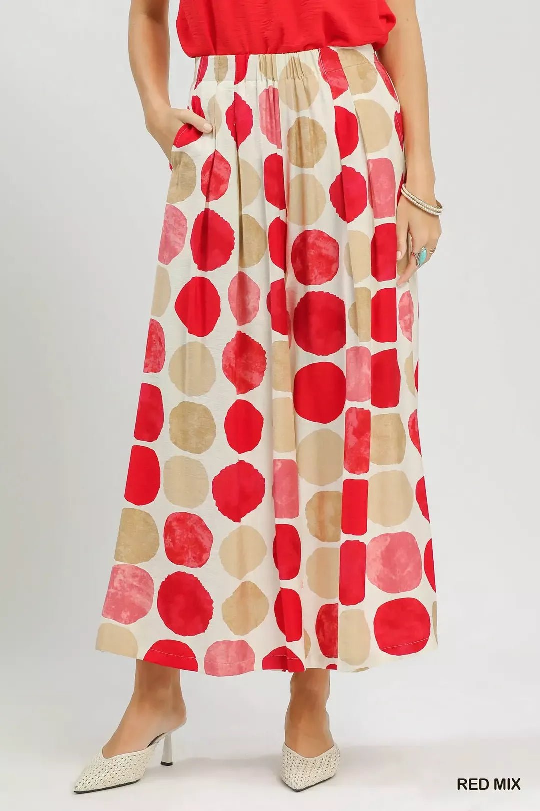 Umgee Dot Print Wide Leg Pants - RED MIX / S