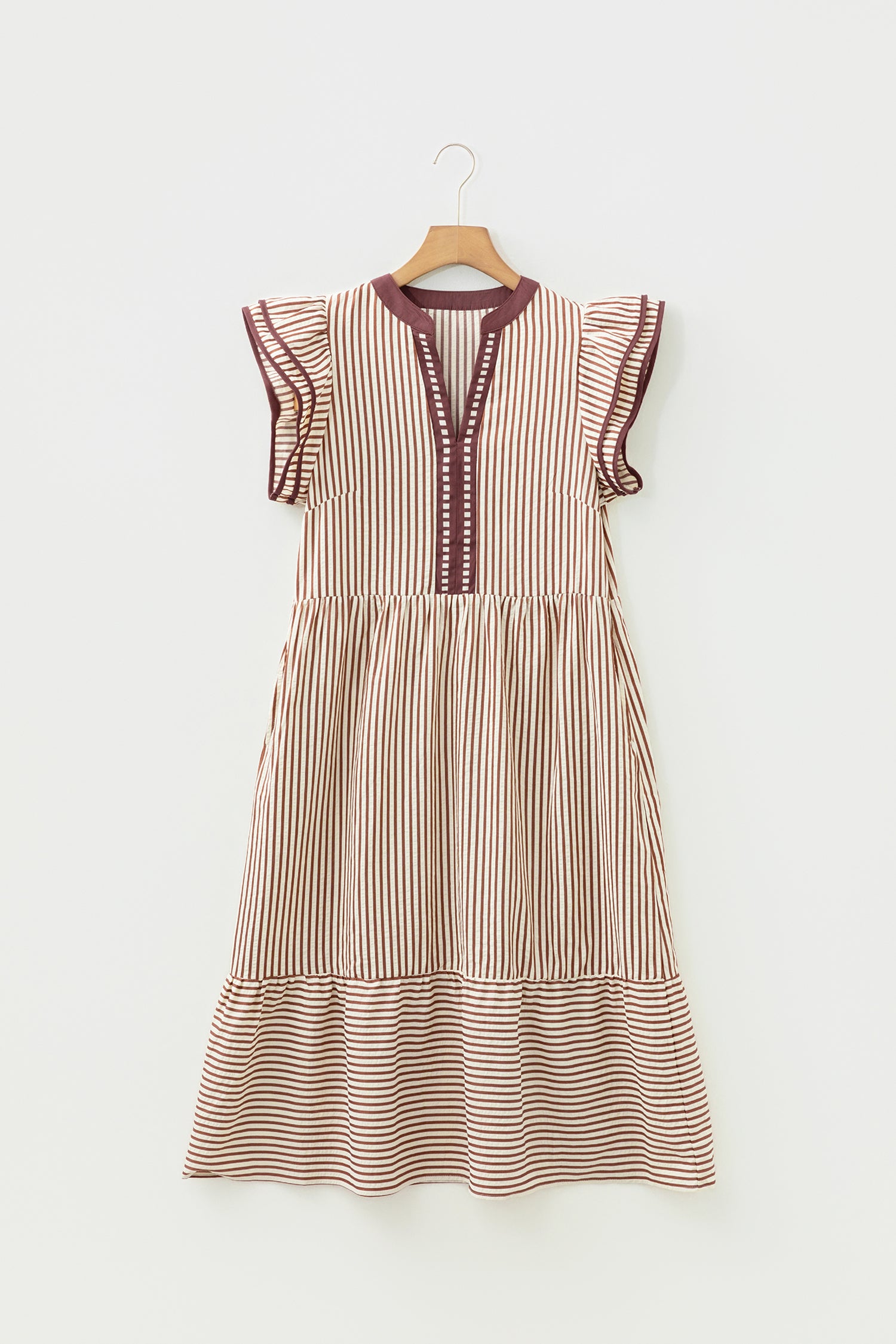 Black Stripe Double Ruffled Short Sleeve Contrast Trim V Neck Midi Dress