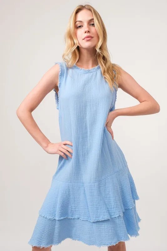 And The Why Washed Fringe Detail Tiered Dress - Baby Blue / S