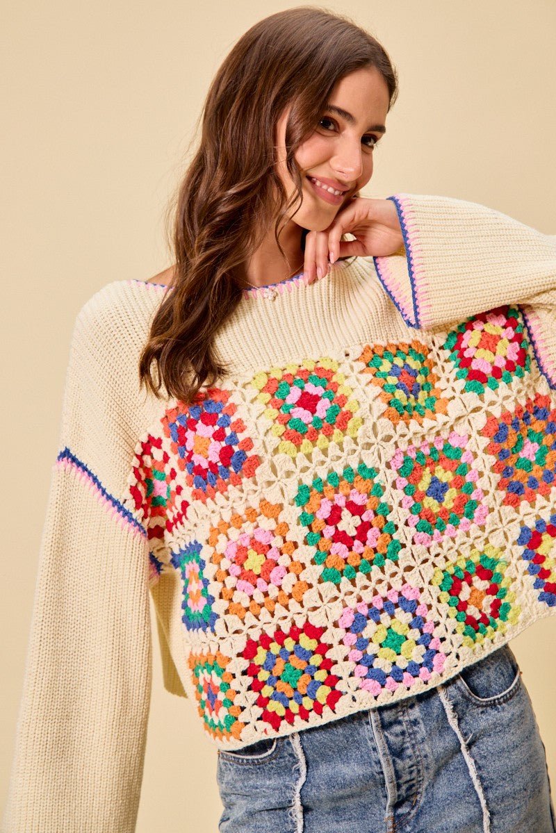 SO ME Multi Color Granny Crochet Lace Sweater Top - CREAM COMBO / S