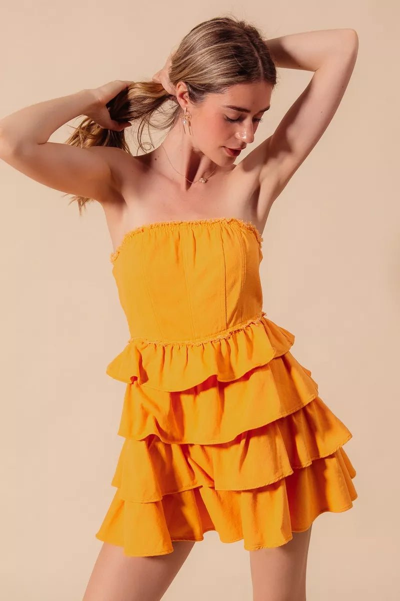 SO ME Strapless Ruffle Layered Game Day Cheer Up Dress - GOLD / S