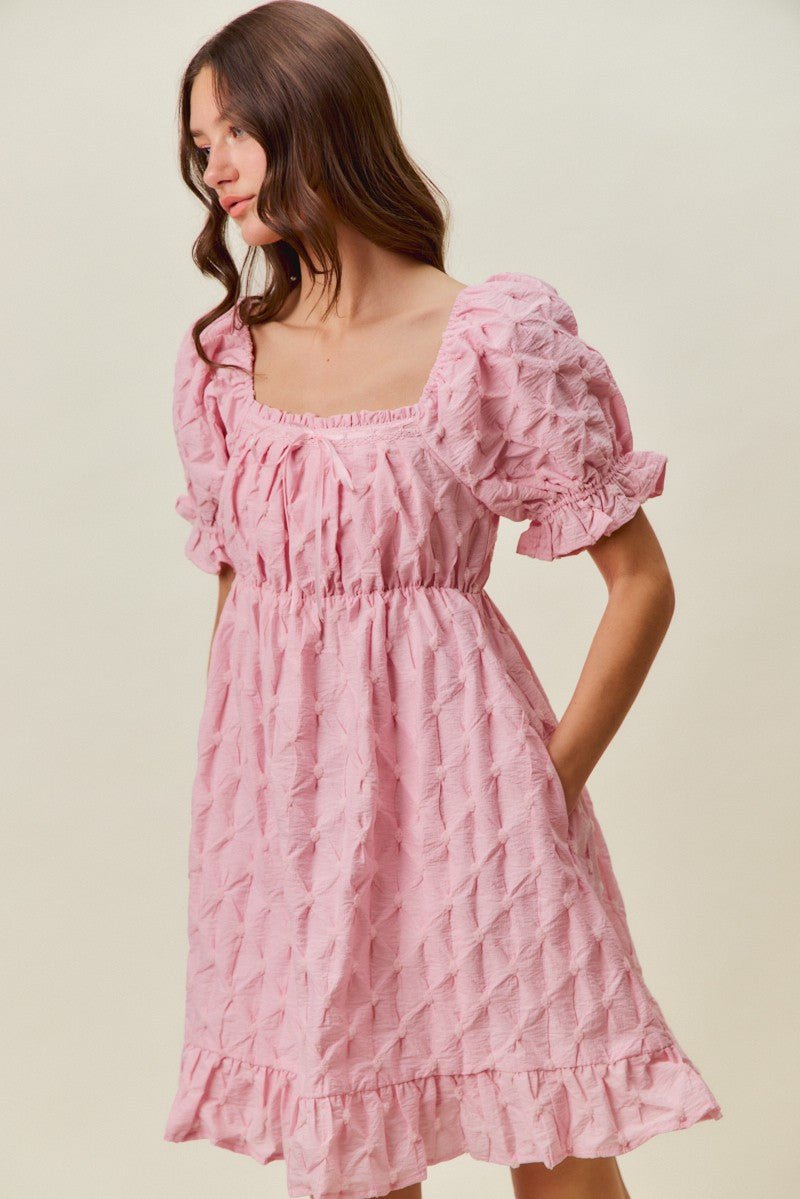 SO ME Texture Woven Ruching On Bust Mini Dress - PINK / S
