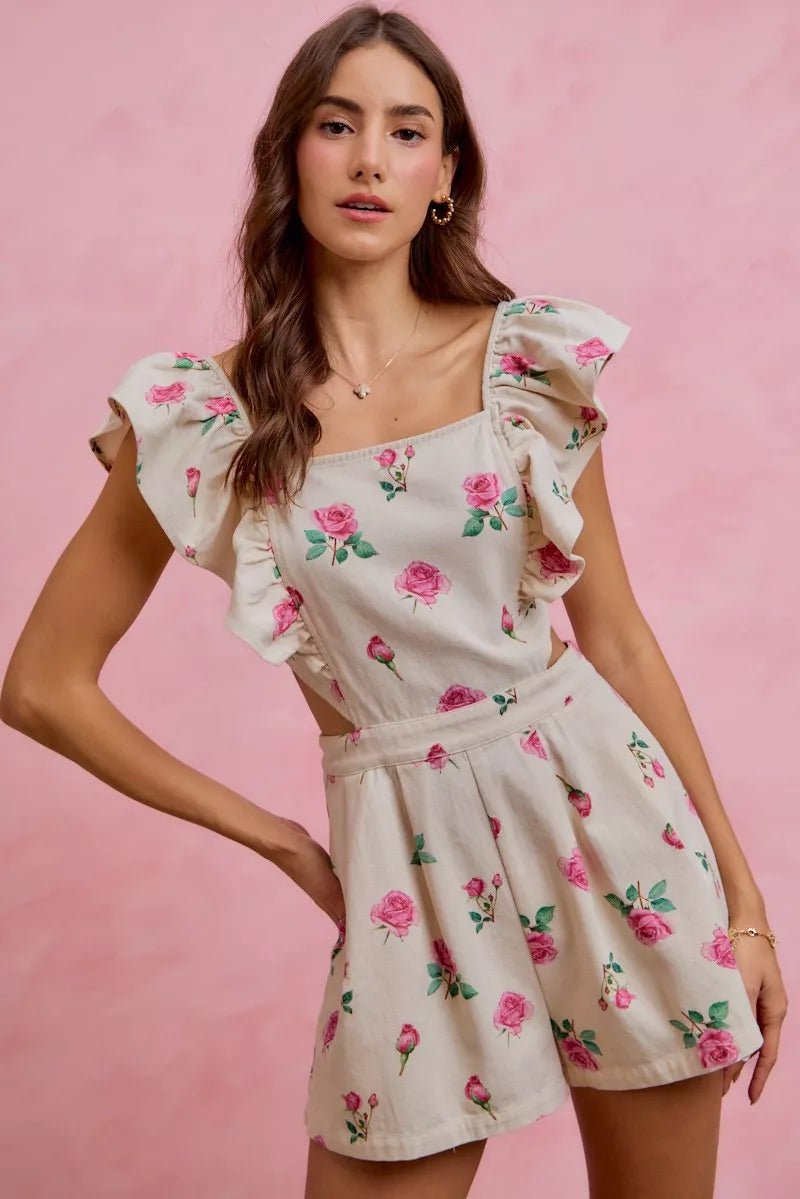 SO ME Floral Print Denim Cut Out Waist Ruffled Romper - IVORY/PINK / S