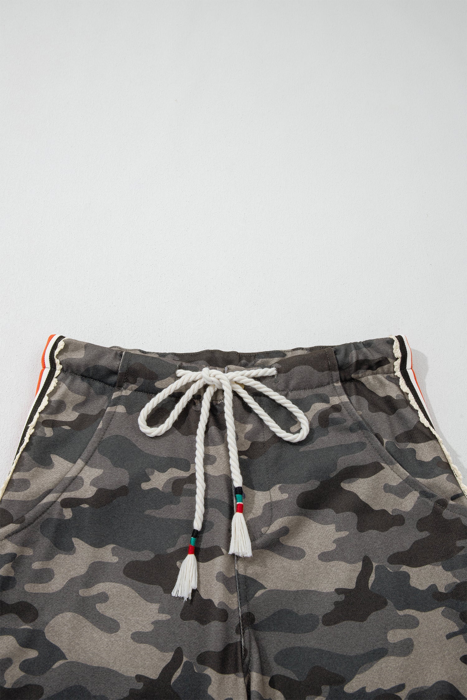 Khaki Camouflage Print Striped Side Panel Patchwork Drawstring Pants