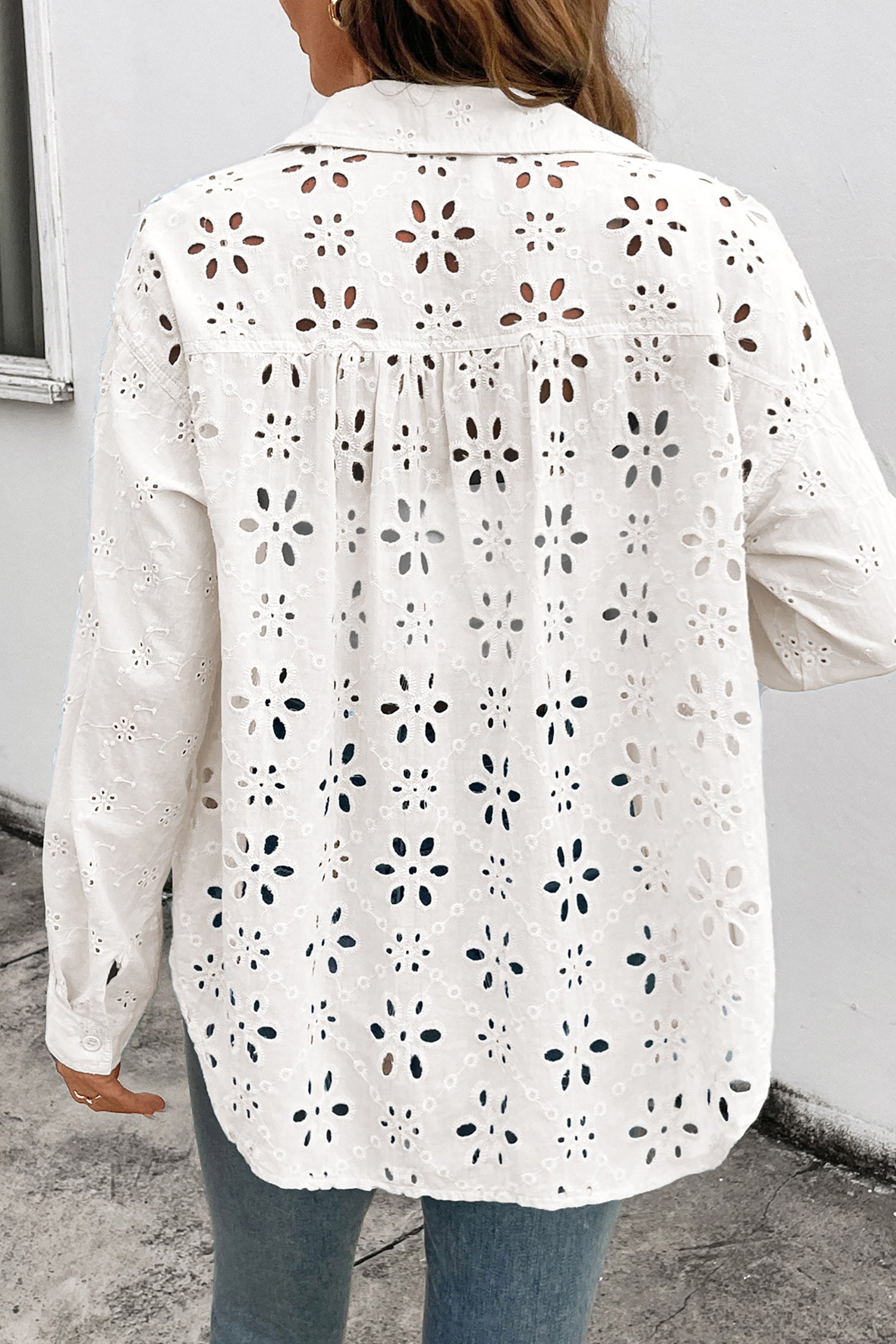 Yellow Cream Solid Eyelet Flower Pattern Button Down Loose Shirt