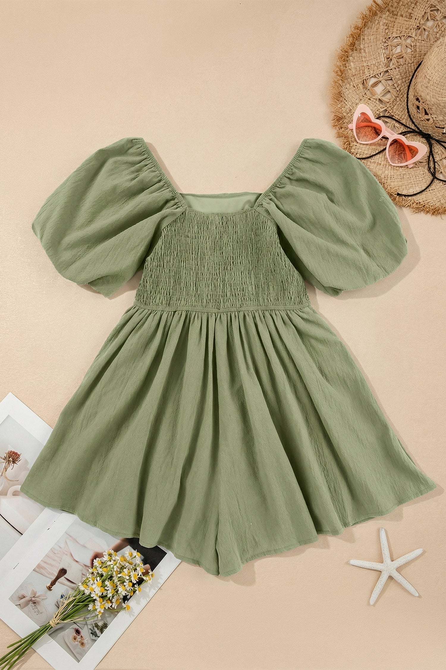Sky Blue Brown Square Neck Ruched Puff Sleeve Romper
