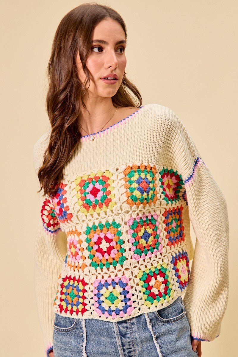 SO ME Multi Color Granny Crochet Lace Sweater Top - CREAM COMBO / S