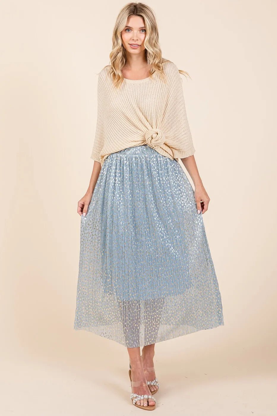 Mittoshop Metallic Glitter Speckle Print Elastic Midi Skirt - BLUE / S