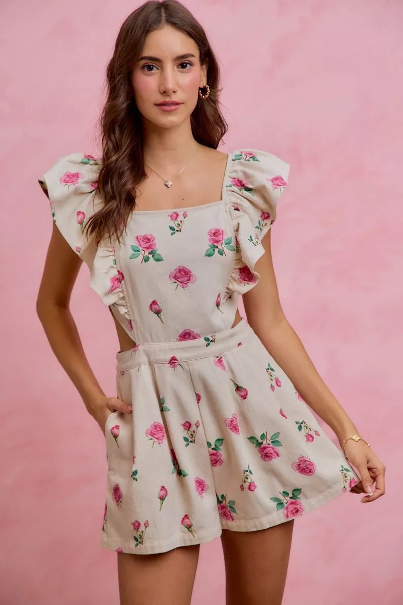 SO ME Floral Print Denim Cut Out Waist Ruffled Romper - IVORY/PINK / S