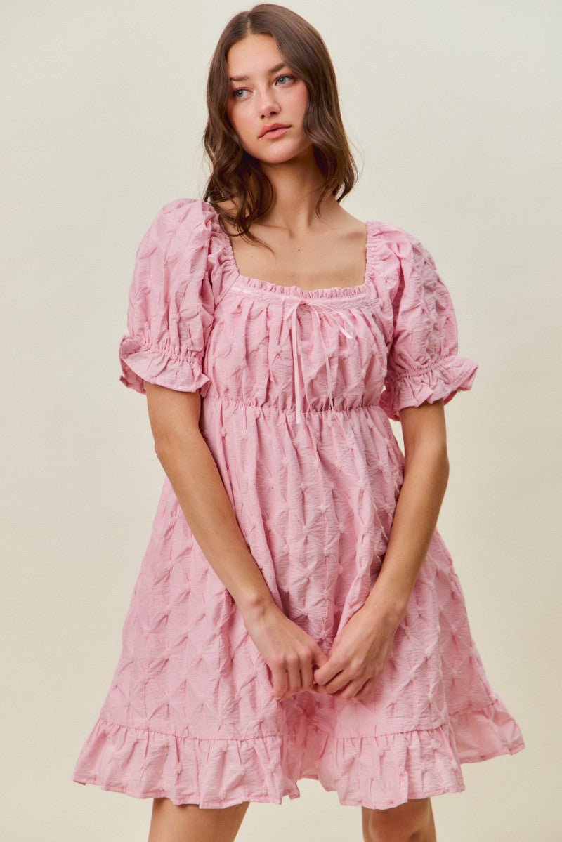SO ME Texture Woven Ruching On Bust Mini Dress - PINK / S