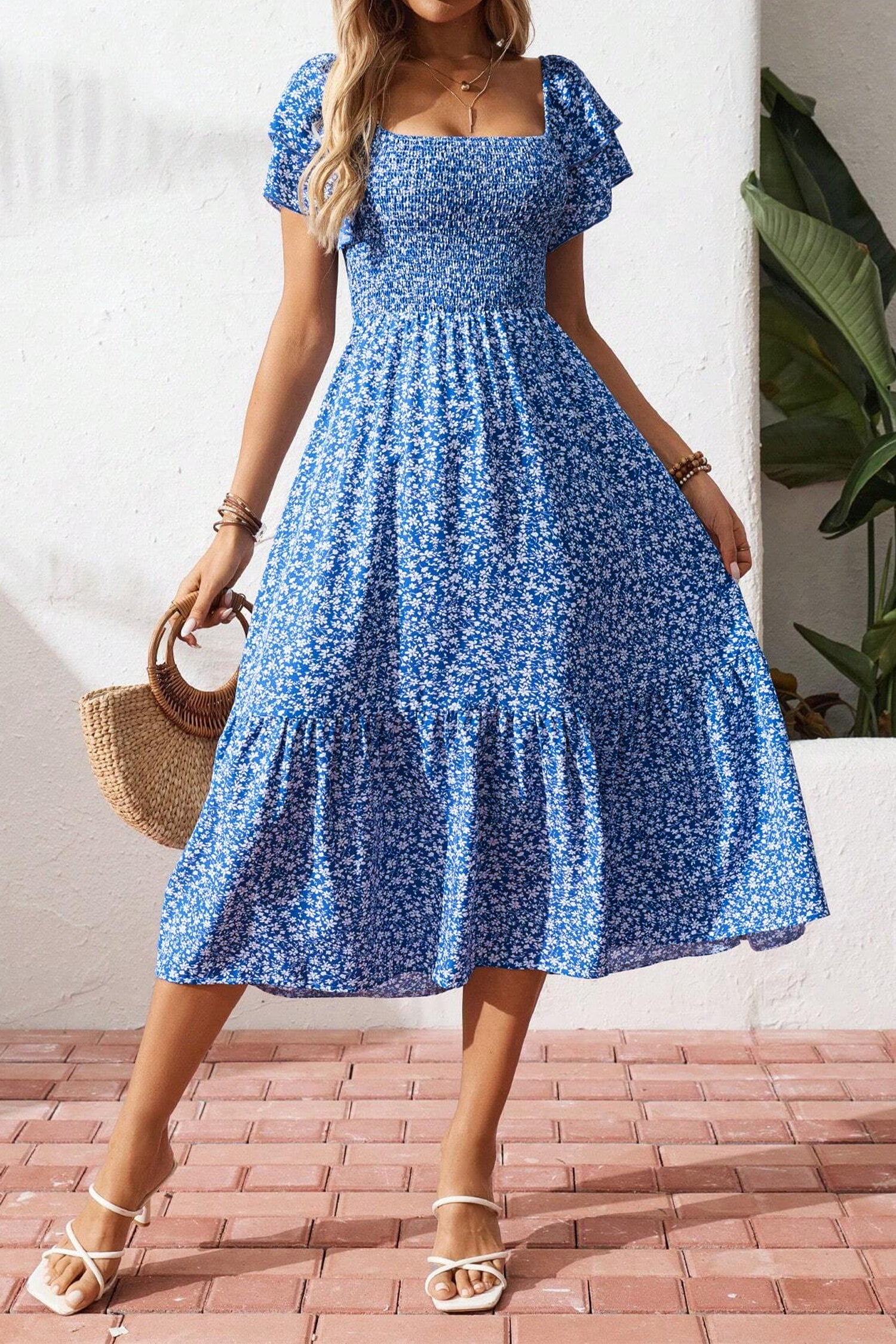 Beige Ditsy Floral Print Smocked Square Neck Ruffle Short Sleeve Dress