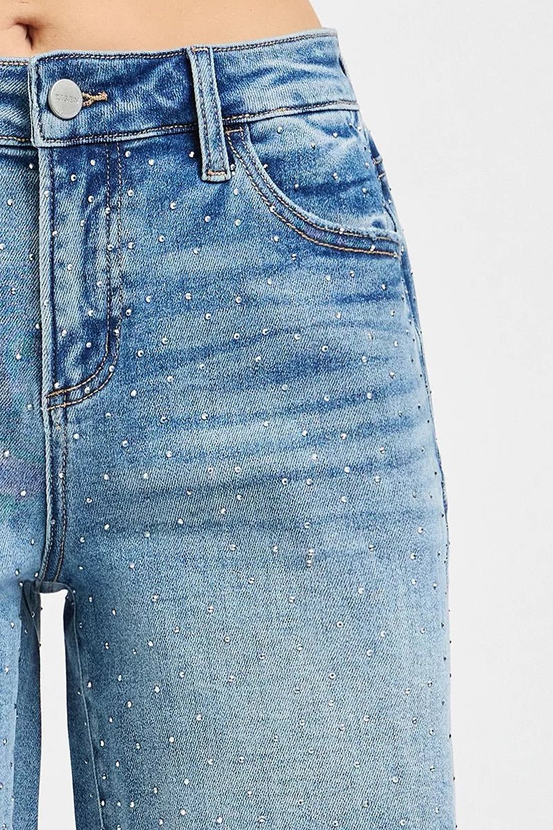 RISEN Slouchy Mid Length All Over Rhinestones Shorts - MEDIUM / S