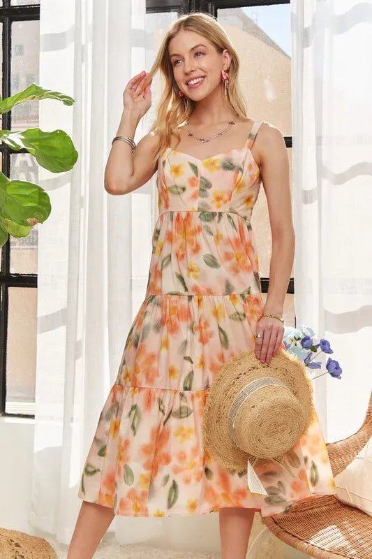 ADORA Smocked Back Floral Adjustable Strap Midi Dress - Tangerine / S