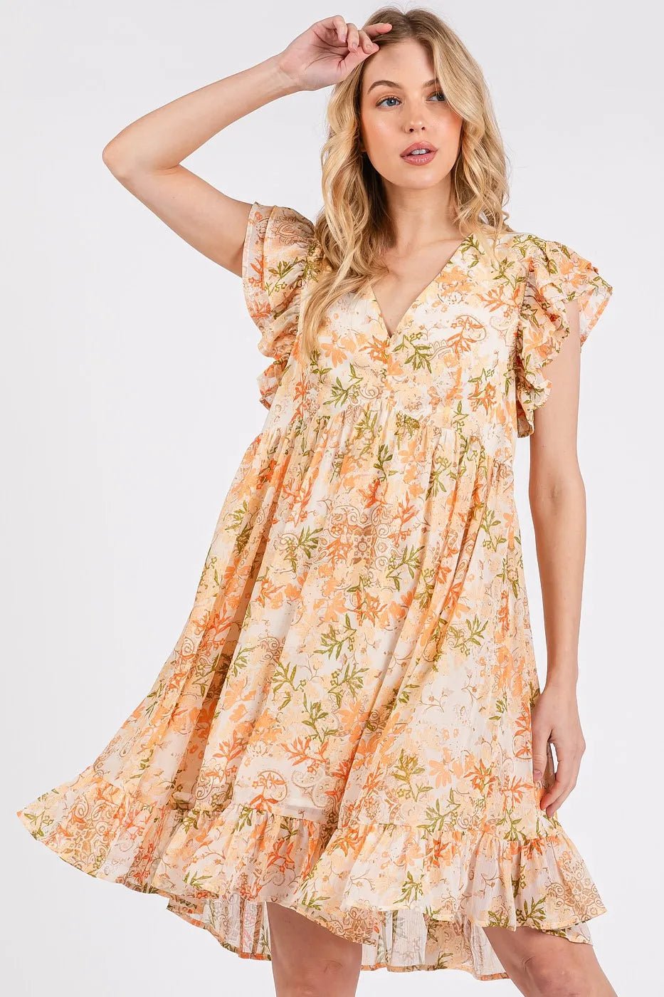 Mittoshop Floral Chiffon Ruffle Short Sleeve Mini Dress - ORANGE MULTI / S