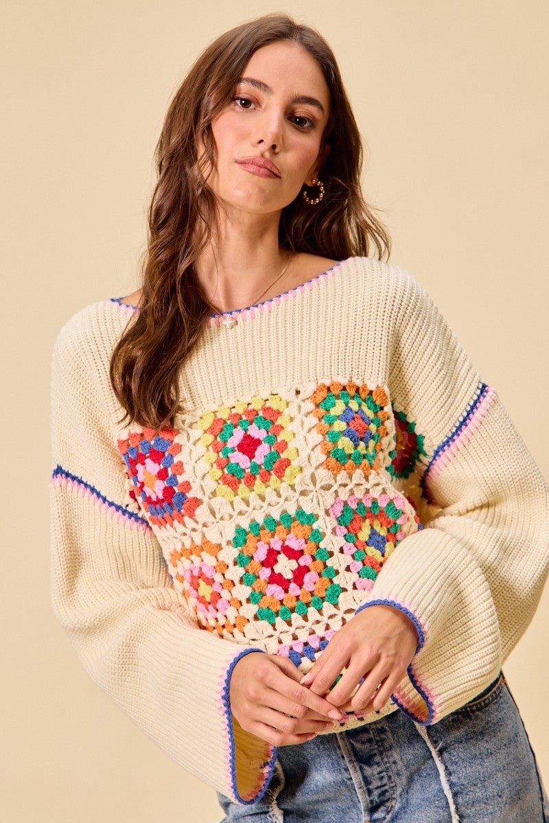 SO ME Multi Color Granny Crochet Lace Sweater Top - CREAM COMBO / S