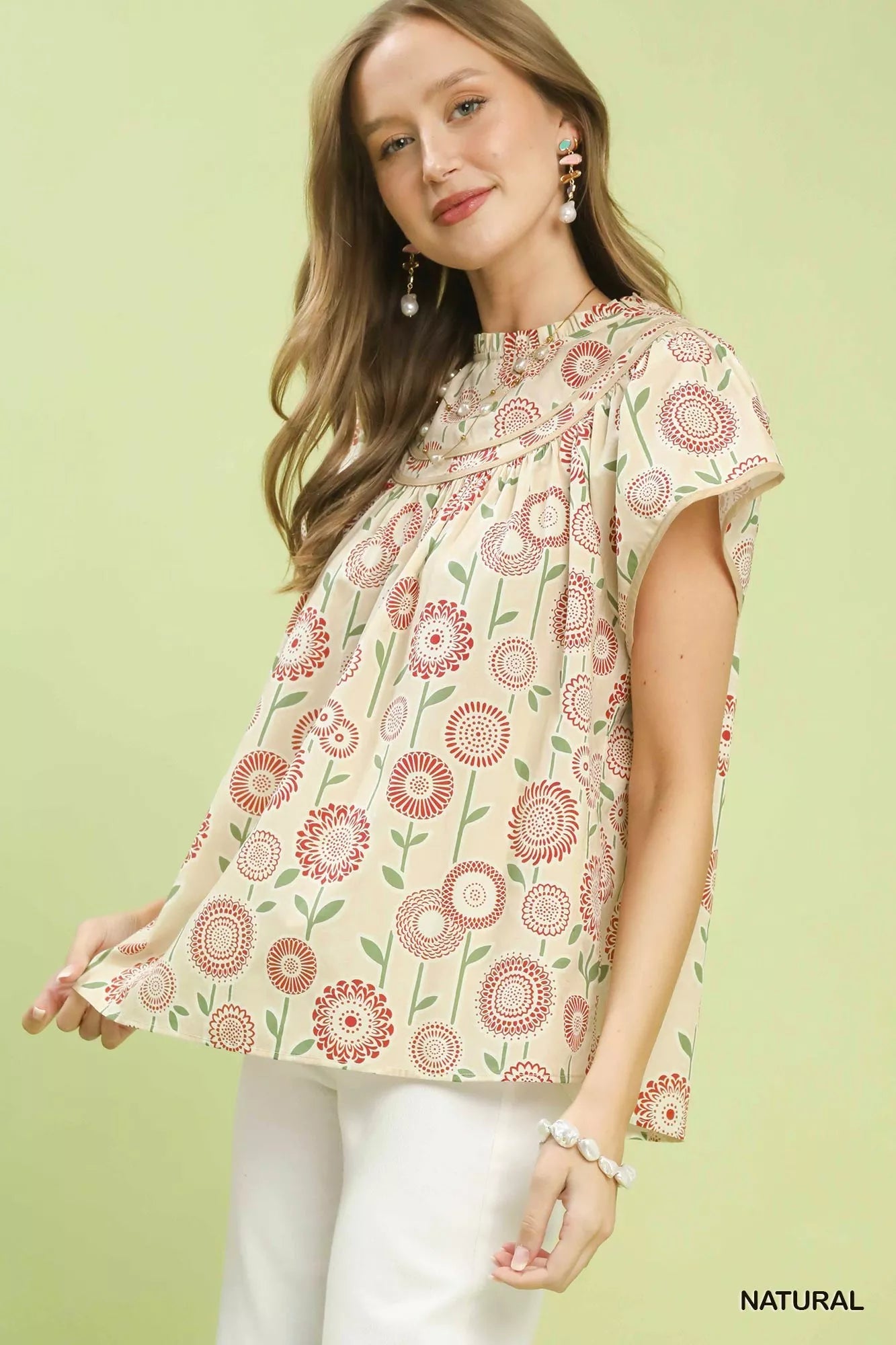 Umgee Retro Floral Smocked Babydoll Blouse - NATURAL / S