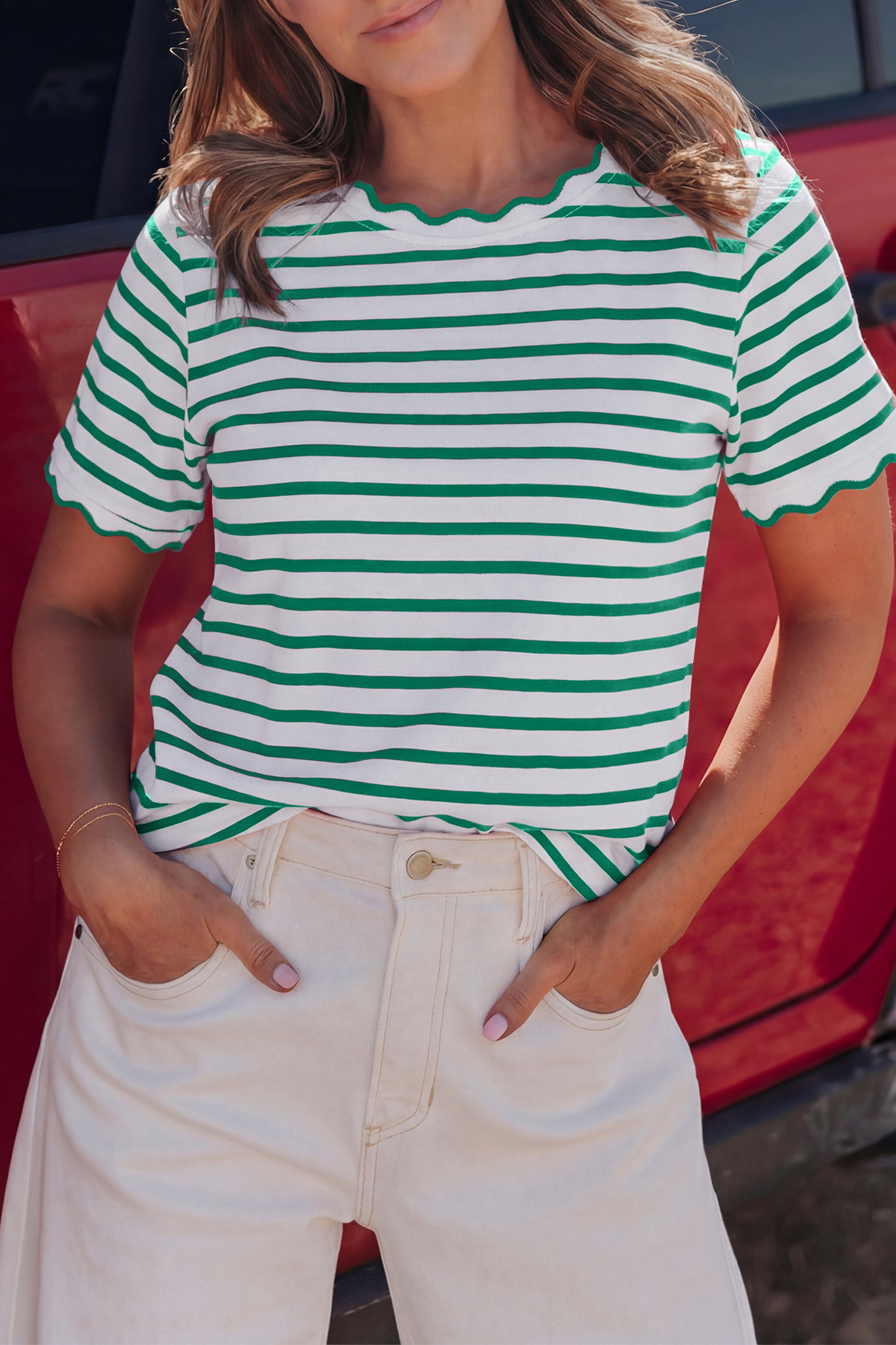 Red Stripe Scalloped Trim Round Neck T Shirt