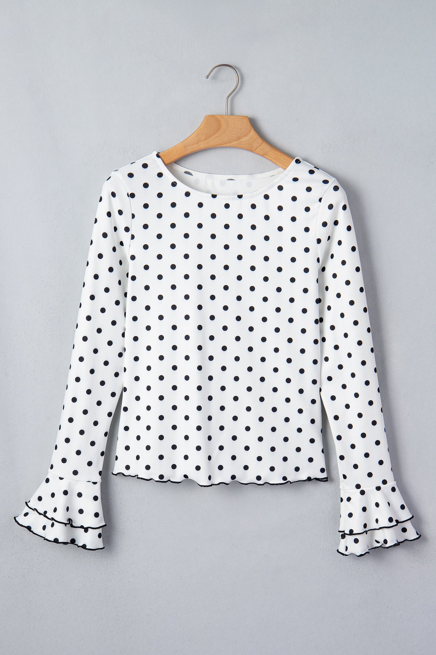Black Polka Dot/ Leopard/ Flower Print Lettuce Trim Long Sleeve Top