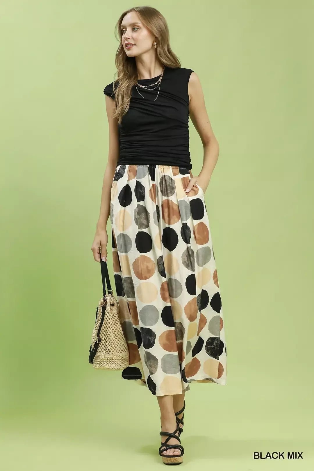 Umgee Dot Print Wide Leg Pants - BLACK MIX / S