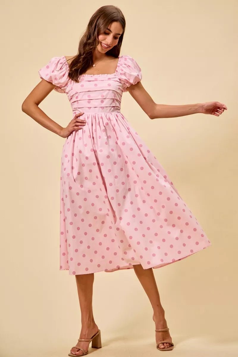 SO ME Polka Cotton Print Short Sleeves Midi Dress - PINK / S