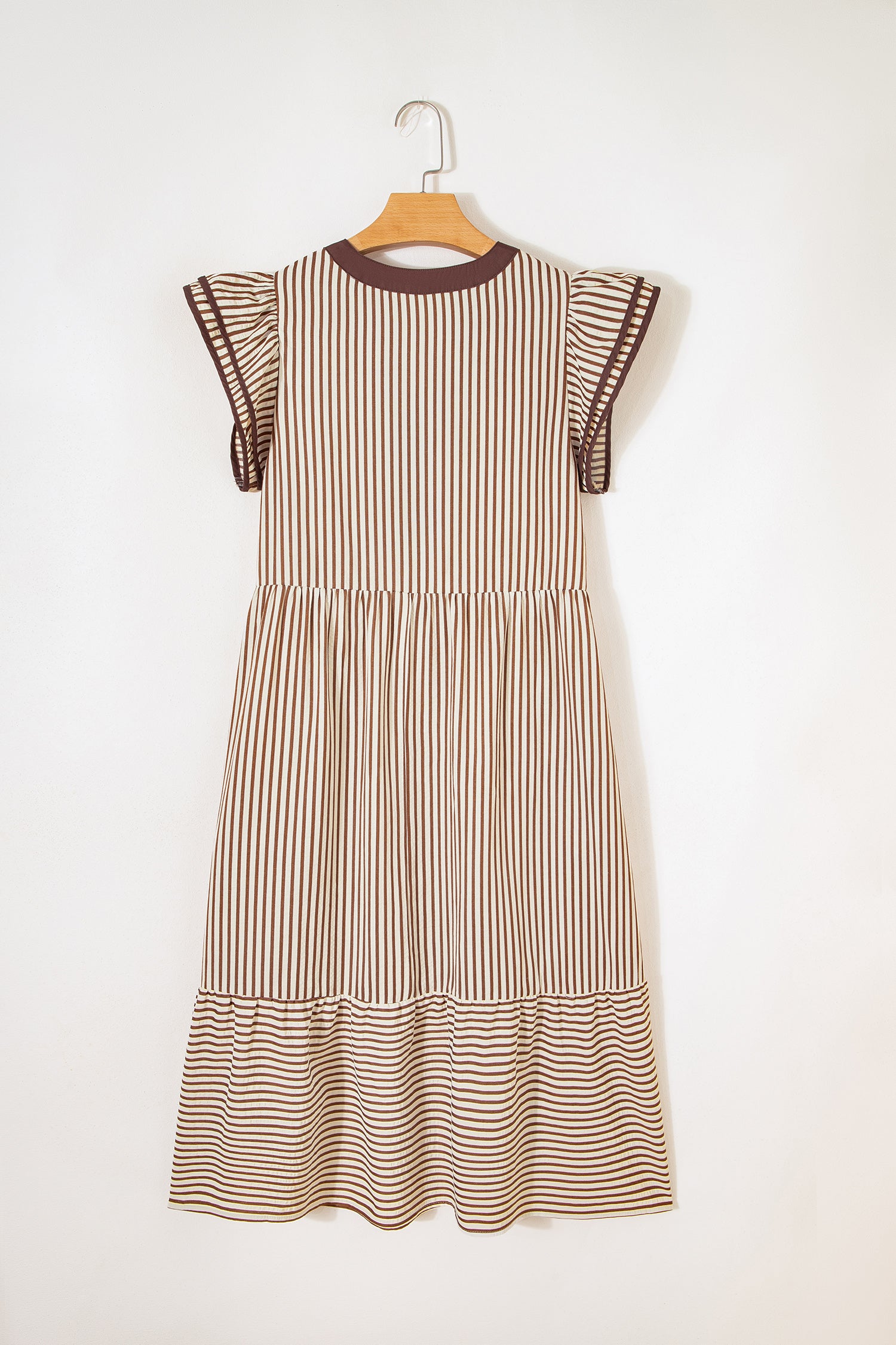 Black Stripe Double Ruffled Short Sleeve Contrast Trim V Neck Midi Dress