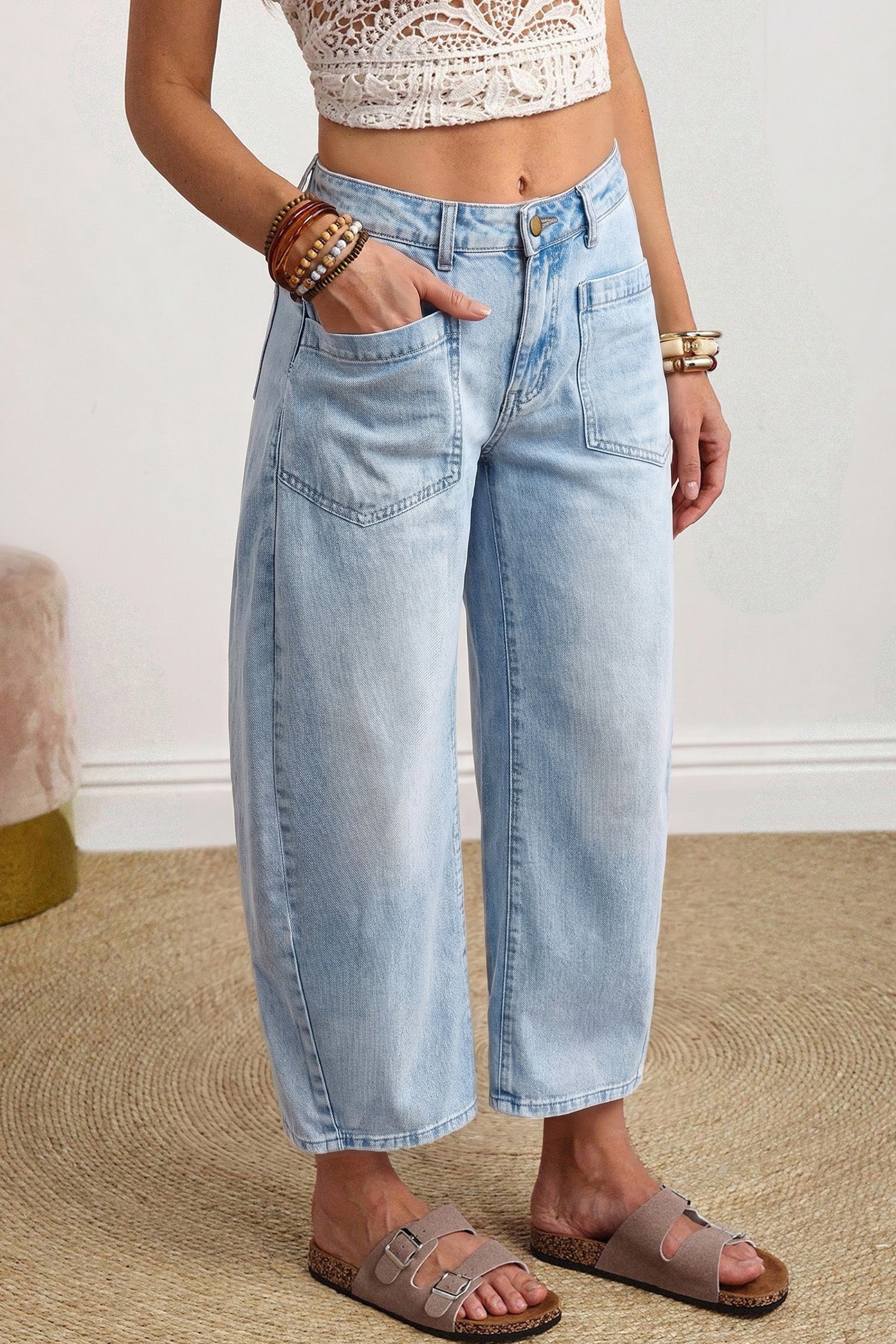 Coffee Solid Color Square Patch Pocket Ankle-length Barrel Jeans