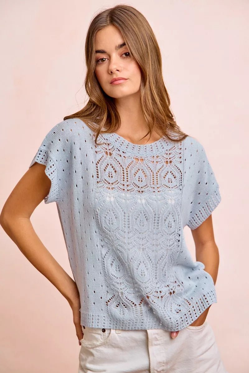 BiBi Washed Eyelet Short Sleeve Breathable Knit Top - Washed Ice Blue / S