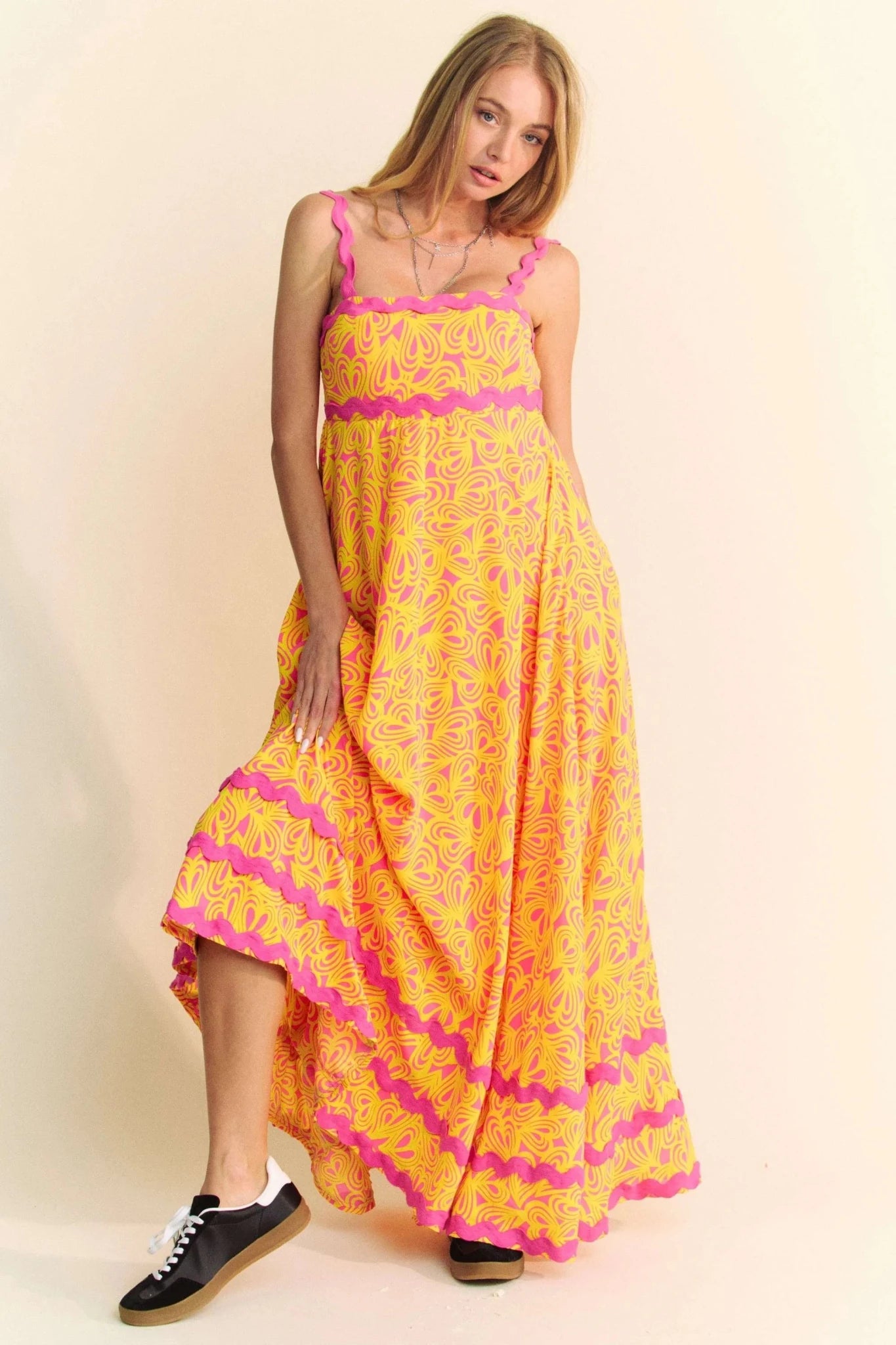 Davi & Dani Geo 2 Tone Printed Wavi Trim Tiered Maxi Dress - PINK / S