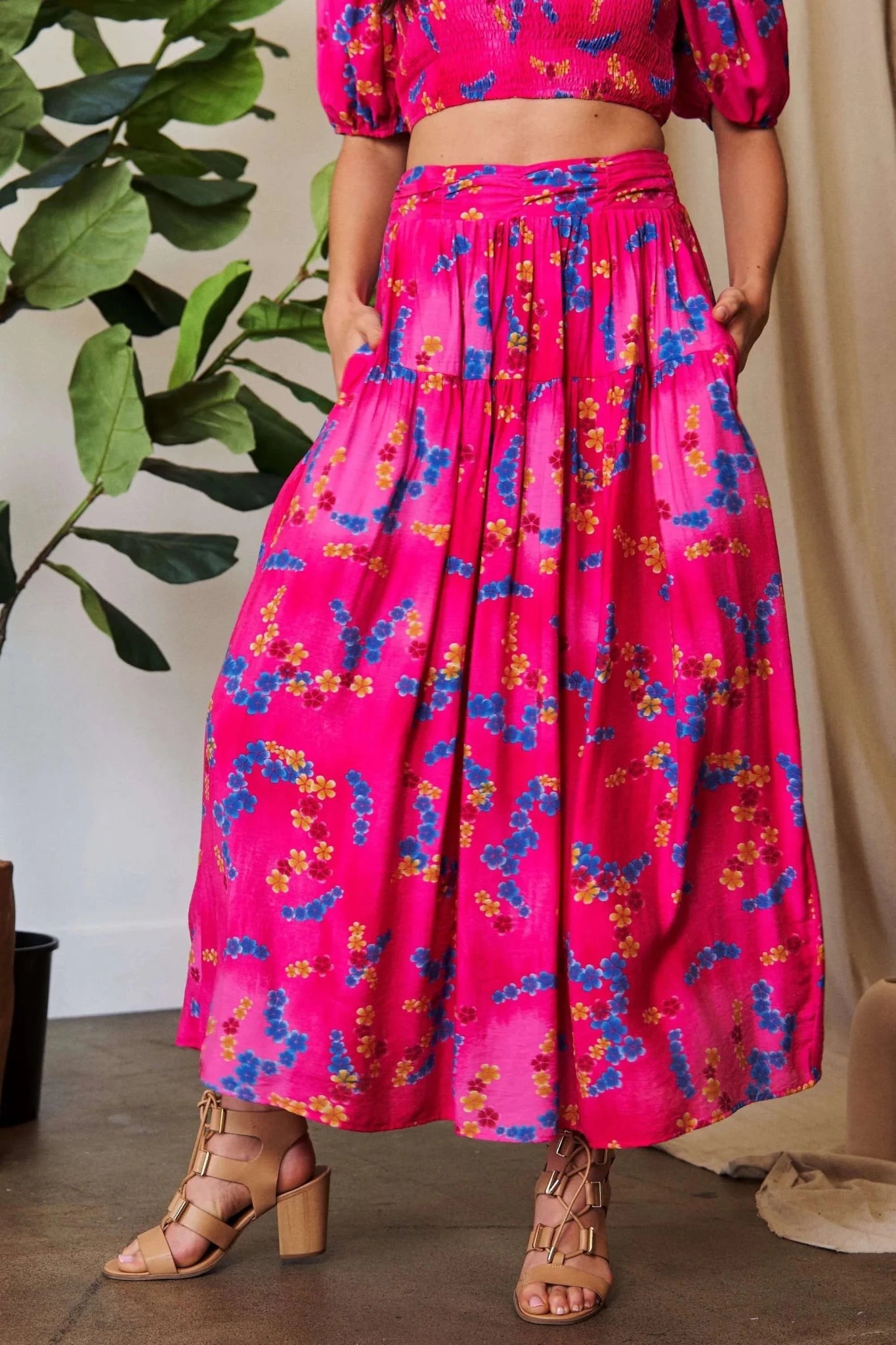 Davi & Dani Printed Smocking Waistband Ruffled Maxi Skirt - CANDY PINK / S