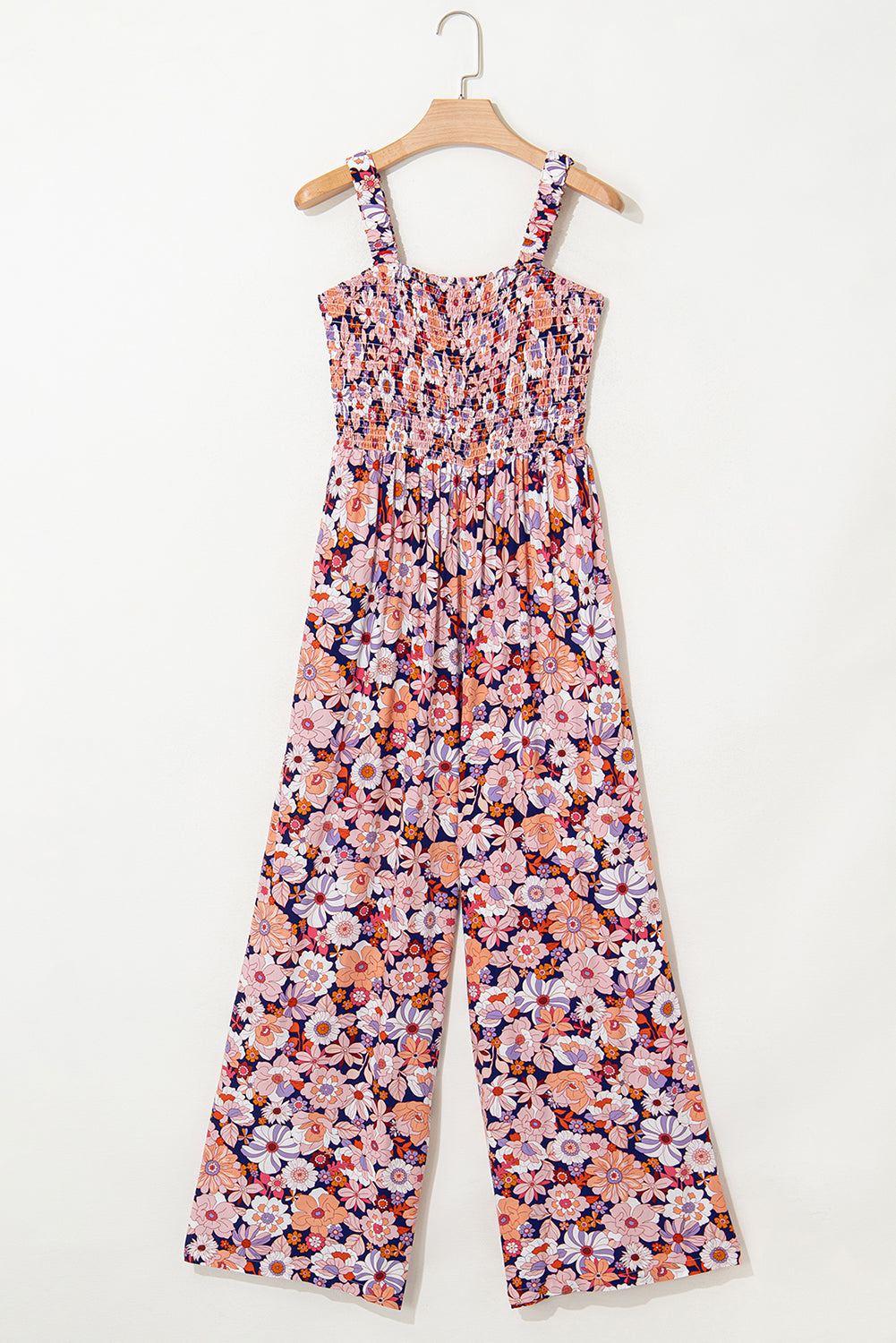 Purple Floral Square Neckline Stretch High Waist Jumpsuit