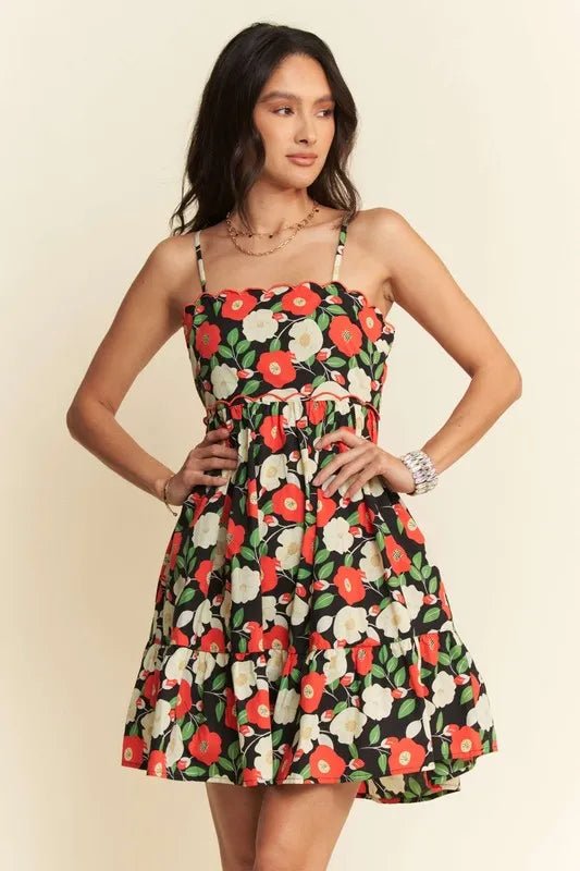 Davi & Dani Floral Scalloped Cutout Back Mini Dress - Black / S