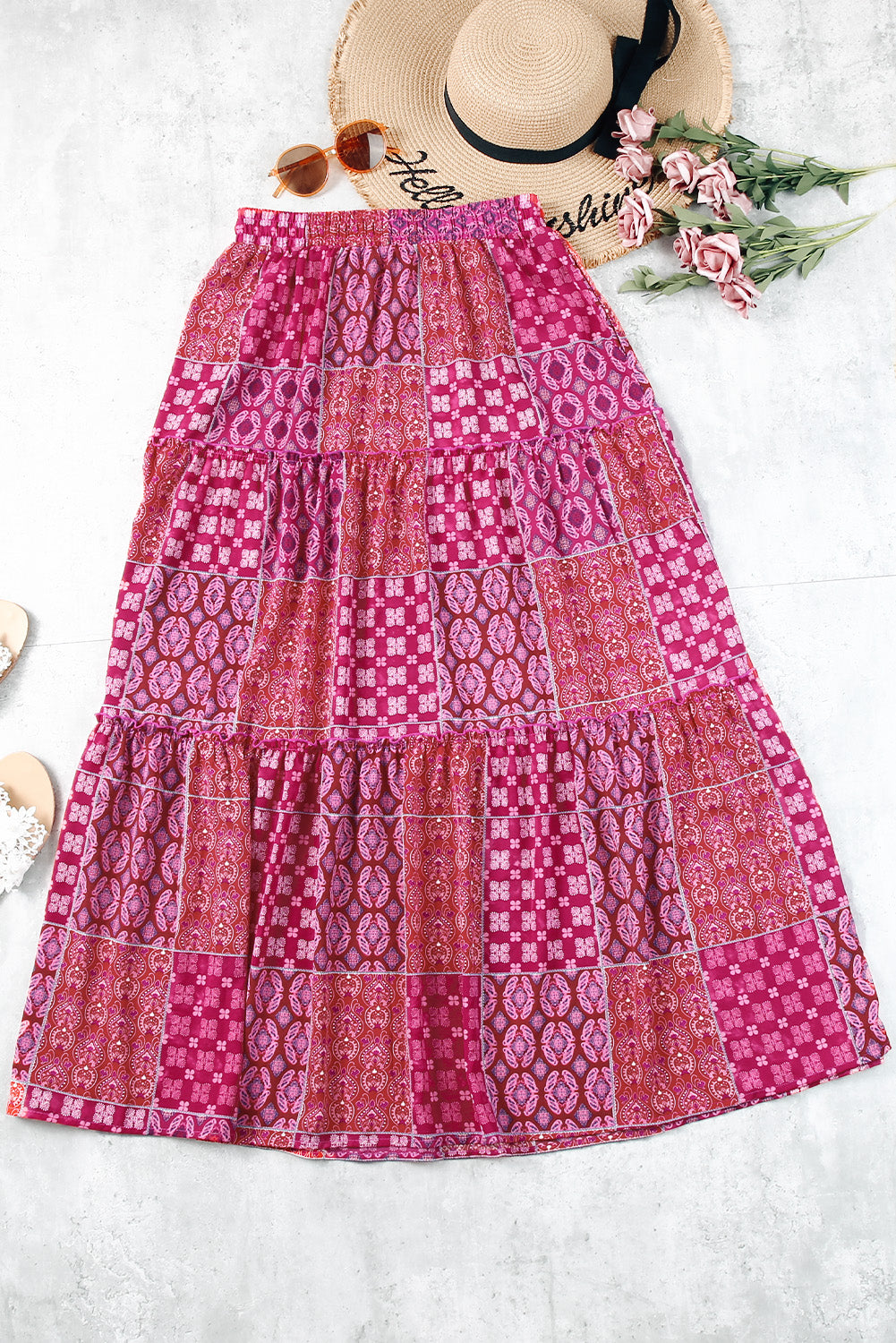 Orange Tiered Paisley Print Pocketed Maxi Skirt